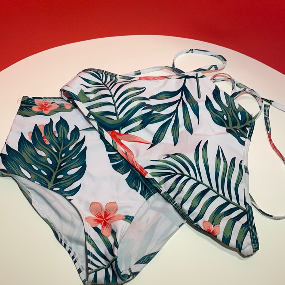 Tropical Crisscross High Waisted Bikini Swimsuit